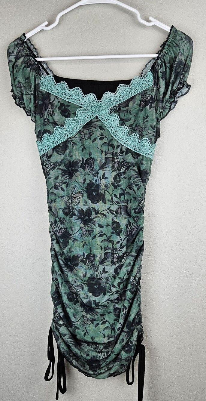 Romwe Women's Size 2 XS Green Babydoll Cap Sleeve Ruched Dress Lace Trim